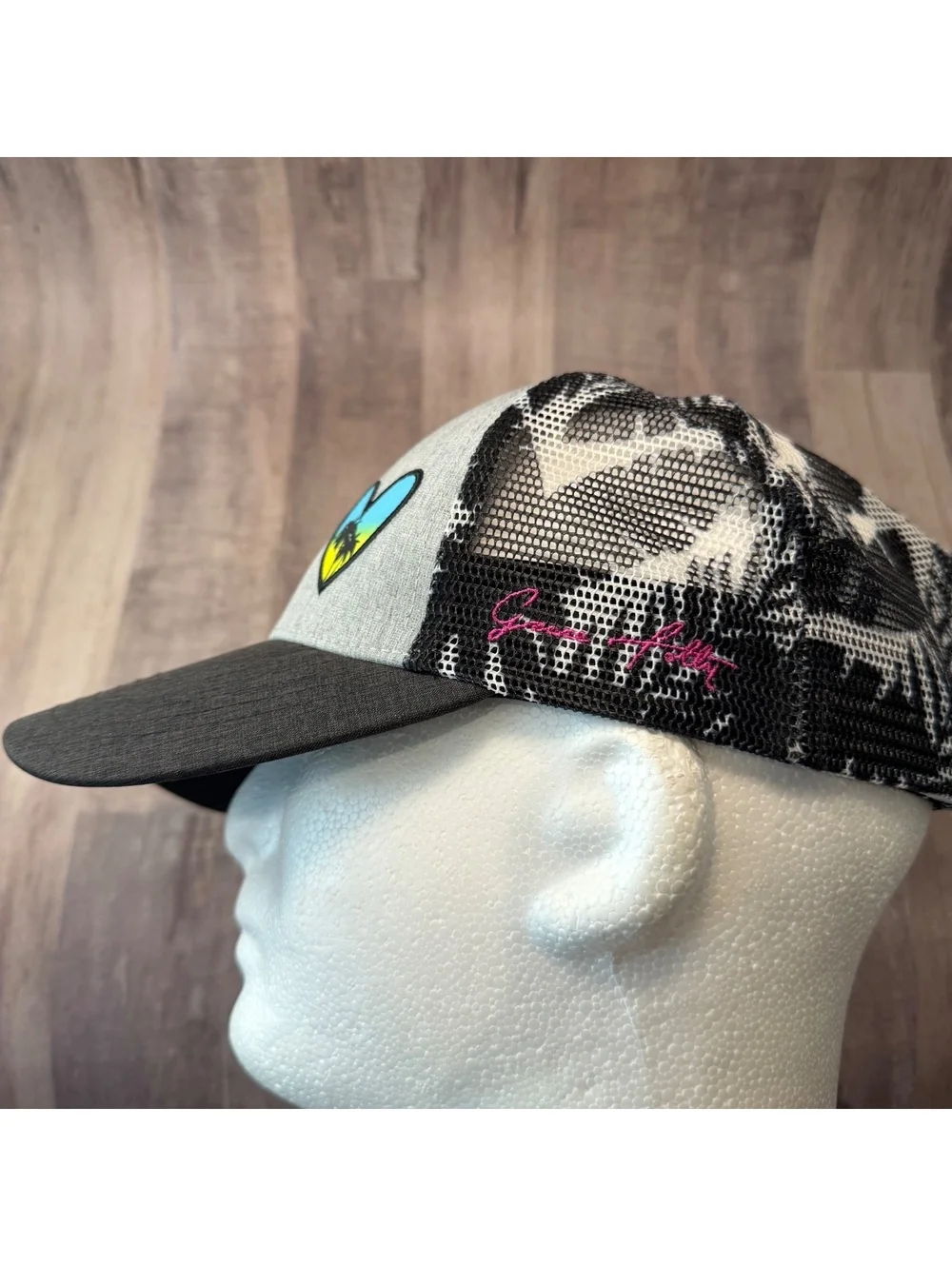 Grace Folly Trucker Hat Beach Heart Tropical Gray Black Mesh Back Snapback Cap